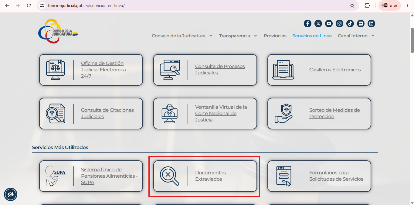 Captura del paso 1: Abre el formulario oficial del Consejo de la Judicatura