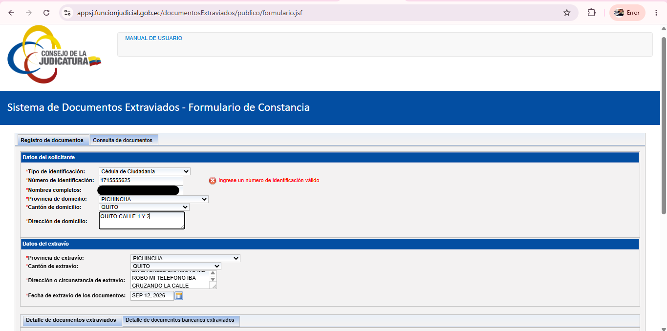 Captura del paso 2: Completa tus datos y el lugar del extravío