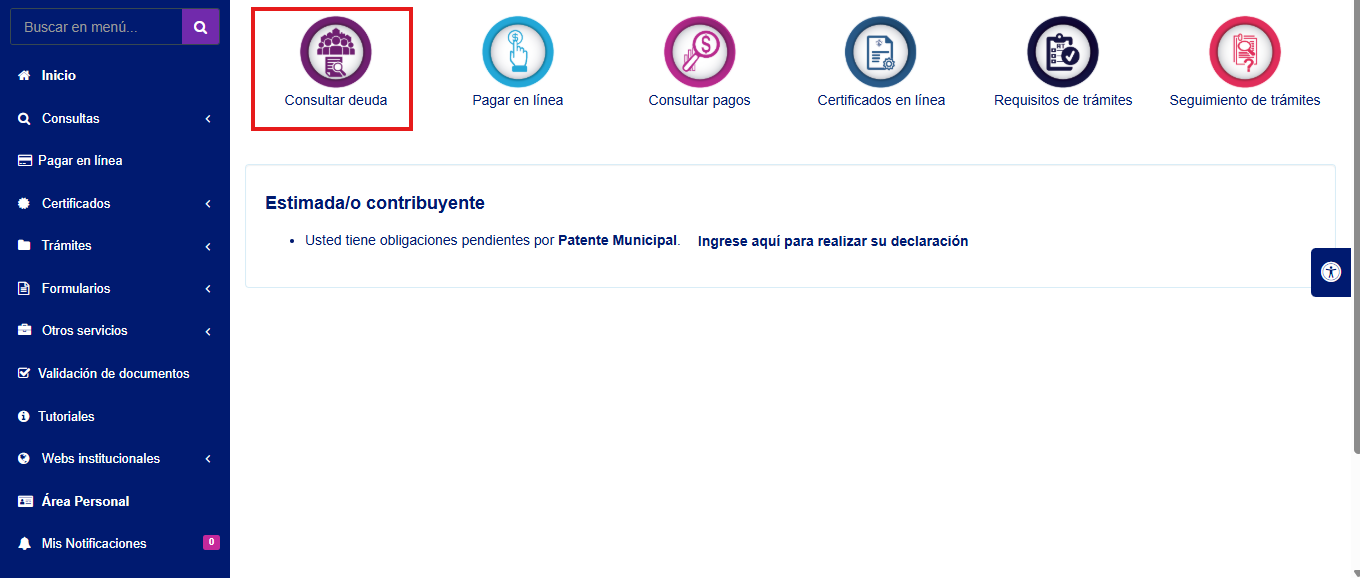 Captura del paso 2: Consulta tus obligaciones con el GADMSD